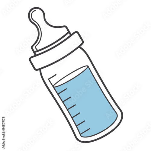 Baby feeding bottle with blue liquid and measurement markings on a white background, simple