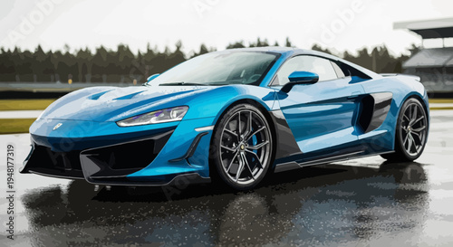 Sleek Blue Sports Car on Wet Race Track