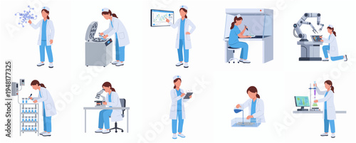 Flat Illustration Different Poses of Female Scientist in a Laboratory Set