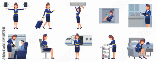 Flat Illustration Collection of Flight Attendant in Various Poses and Scenes