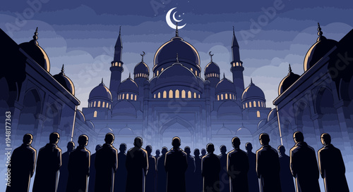 Silhouetted muslims gathering before grand mosque under crescent moon night sky