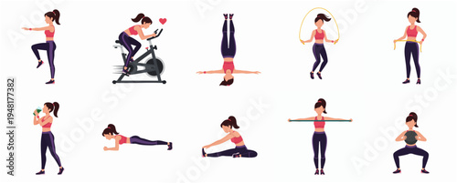 Flat Illustration Set of Woman Doing Various Fitness Exercises for Health