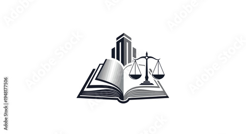 Law book with scales of justice and modern buildings logo