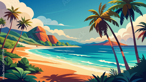 A vibrant tropical beach scene with palm trees and mountains