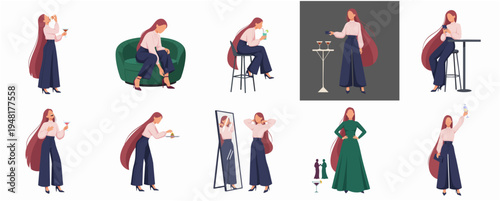 Flat Various Lifestyle Young Woman with Extremely Long Hair Character