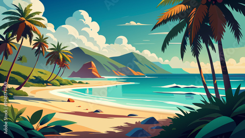 A serene tropical beach scene with palm trees and mountains