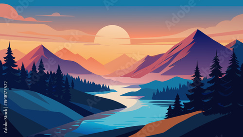 A serene mountain landscape with a river at sunset in a vector graphic illustration