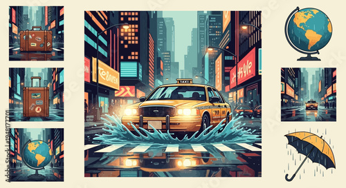 New York City Yellow Taxi Driving Through Puddles on Rainy Street with Buildings