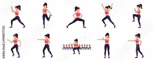Detailed Flat Illustration Sport Woman Exercising Different Poses Set Icon