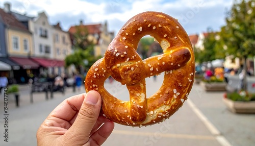 Crisp pretzel with coarse salt against blurred street, bright daylight, held in a hand