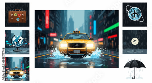 Yellow taxi driving through rainy New York City streets at night with neon lights
