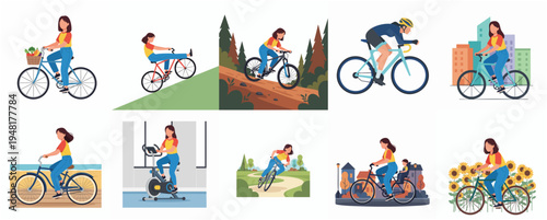 Diverse Flat Illustration Set of Woman Riding Bicycle in Various Scenarios