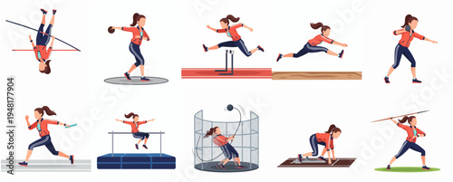 Flat Style Isolated Female Athlete in Diverse Sport Event Illustration Set