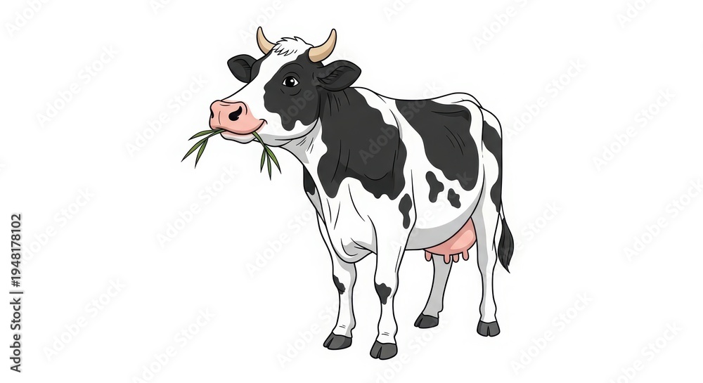 Fototapeta premium A black and white cow eating grass