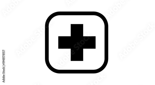 Black medical cross symbol in rounded square, healthcare concept
