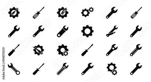 Collection of black and white tool icons including wrenches gears and screwdrivers