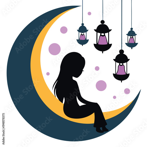 Peaceful girl silhouette sitting on crescent moon with hanging decorative lanterns and dots