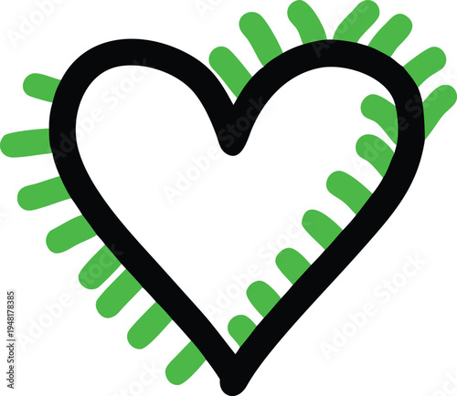 Hand drawn black outline heart shape with green spiky protrusions on the right side on a white
