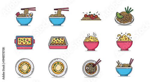 Asian Food Icons Set: Noodles, Rice, Dumplings, and Dishes