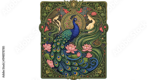 Elegant Peacock Art Nouveau Style with Lotus Flowers and Female Figures
