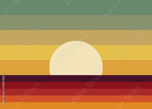 Background with a landscape theme of sunset at sea with a mountain silhouette in a flat design style
