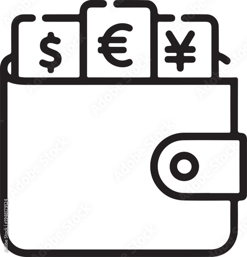 Wallet with various currency symbols displayed on the top section