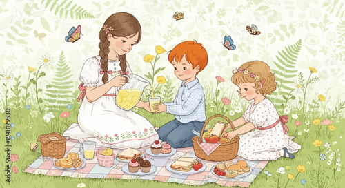 Children's Picnic in a Meadow with Lemonade and Treats