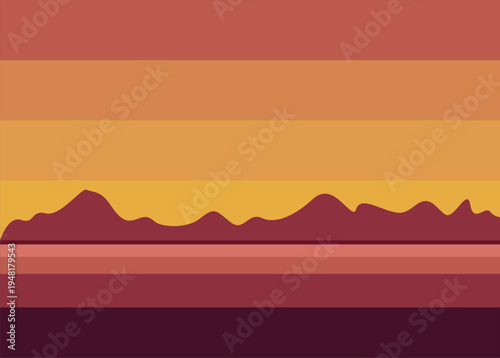 Background with a landscape theme of sunset at sea with a mountain silhouette in a flat design style