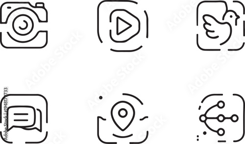 Six minimalist icons representing common app functionalities and features