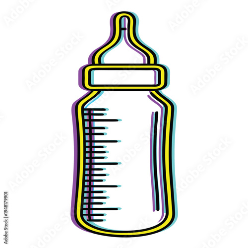 Stylized baby bottle with colorful outline in yellow purple and blue on a white background