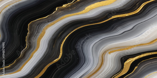 Abstract background texture of stone features a wavy liquid flow with metallic gold and blue curves creating an artistic water wave pattern design