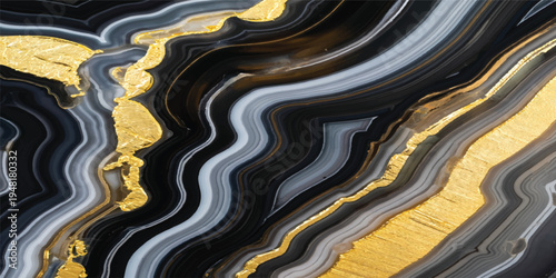 An artistic abstract background texture of blue sea waves and flowing gold liquid swirls creates a metallic wavy pattern on the water surface for a modern wallpaper design
