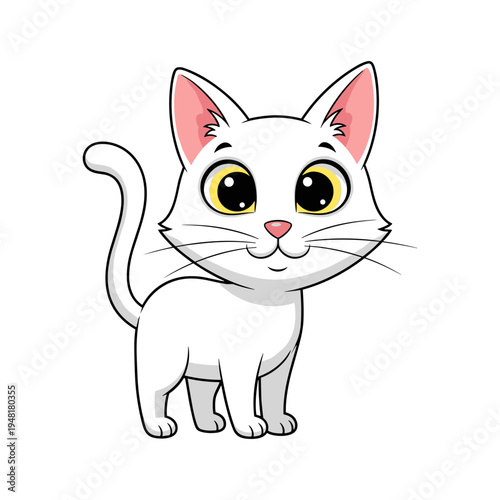 A cute cartoon white cat with big yellow eyes