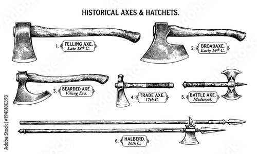 Vintage axe heads and antique hatchets are displayed in a museum exhibit hall setting.