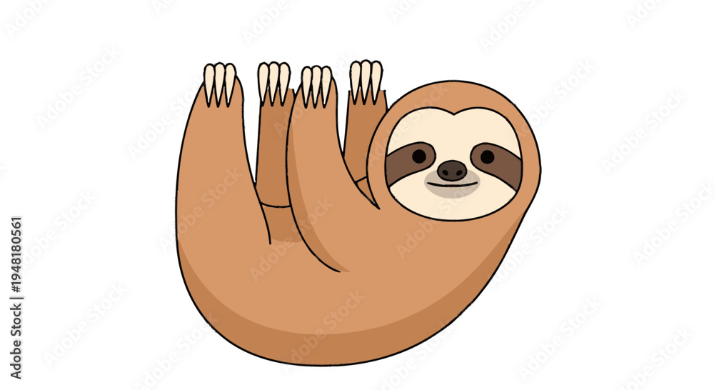 Obraz premium Cute Cartoon Sloth Illustration Hanging and Smiling Isolated on White Background