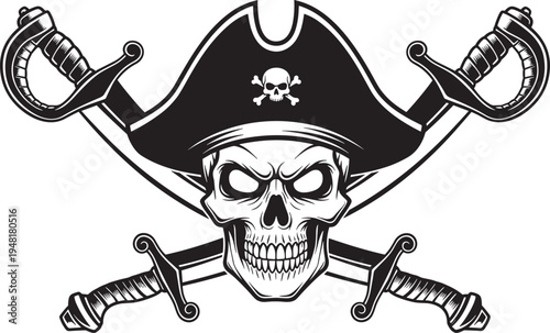Pirate skull vector illustration with captain hat, skull emblem, crossed cutlasses, Jolly Roger theme, danger rebellion adventure design, bold black white artwork
