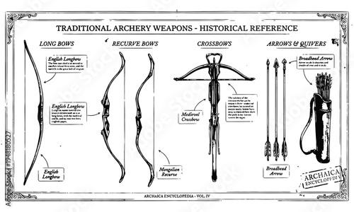 Vintage axe and traditional archery weapons illustration with historical references
