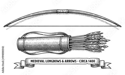 Medieval longbow and quiver with arrows on a wooden surface circa 1400