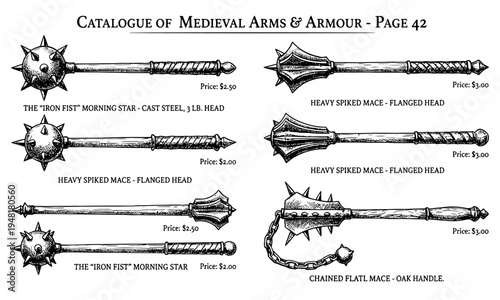 Medieval armourers showcase various battle-ready axes and maces with spiked heads and handles on a medieval page.