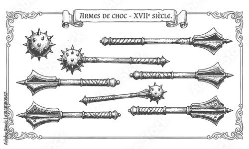 Ancient medieval battle weapons and armor adorned with spikes on display