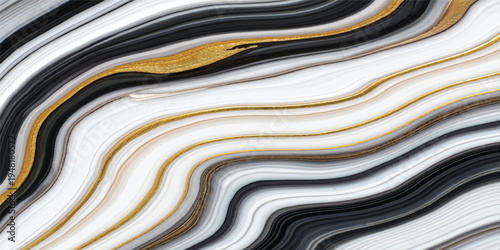 Wavy blue liquid paint creates an abstract striped fabric texture with a colorful silver metal wave pattern design for an art wallpaper backdrop