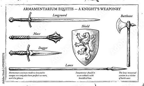 A knight's arsenal including axe shield sword lance and dagger on display