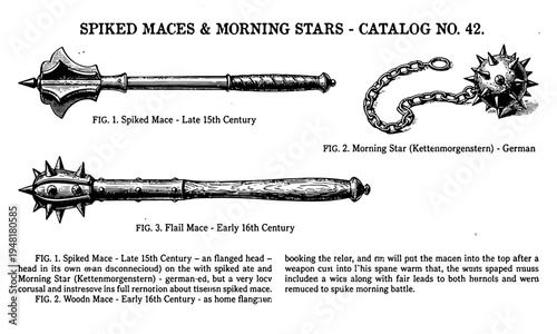 Vintage axe and morning star catalog featuring medieval spiked maces.
