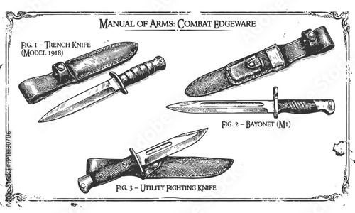 Illustration of combat knives and edge weapons in a manual of arms