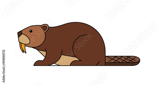 Side view vector illustration of a brown beaver character with large orange teeth and a flat tail, isolated on white background.