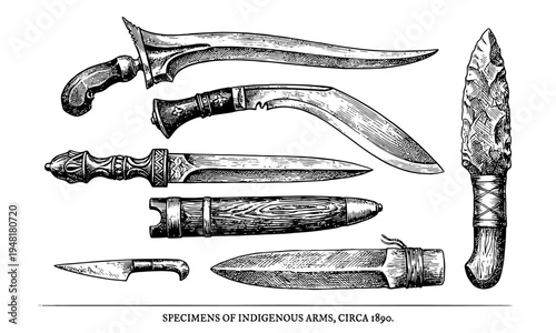 Vintage illustration of various indigenous arms and knives on display