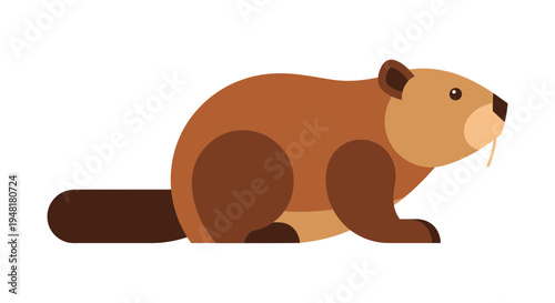 Cute Beaver Vector Illustration in Flat Design Style, Isolated Rodent Character on White Background