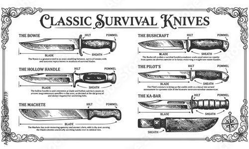 A detailed illustration of various classic survival knives on display