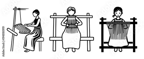 Weaver's loom pictogram set with minimalist design featuring person, loom, textile craft symbol with bold lines and white background
