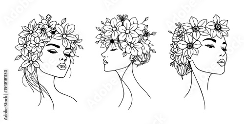 Line art woman with flowers set with stylized floral headband featuring abstract minimalist portrait, female figure, line drawing, vector illustration with flowers and silhouettes